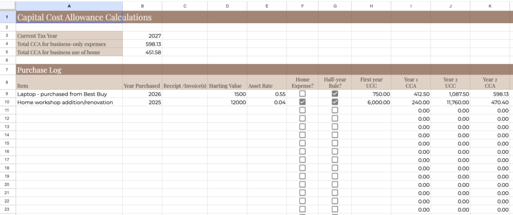 A view of the CCA Calculator spreadsheet